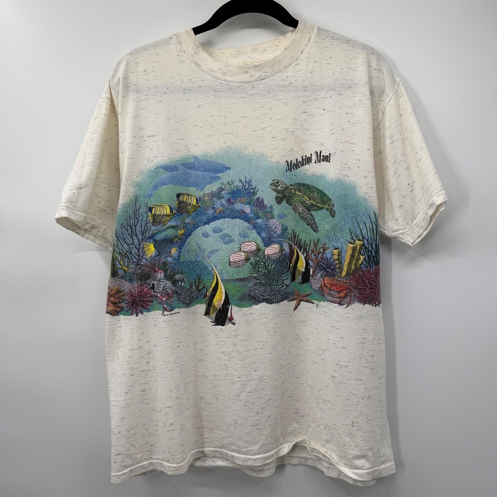 Molokini Maui Mens Size Large Shirt Wrap Around Under The Sea Fish Short Sleeve